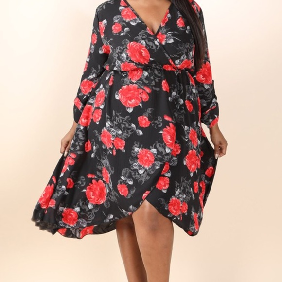 New Plus Size Red Midi Wrap floral Dress - Picture 2 of 8